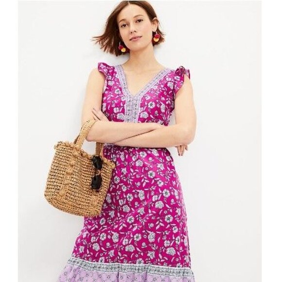 LOFT Women's Border Ruffle Floral V-Neck Sleeveless Midi Dress Size 10 - Picture 4 of 9